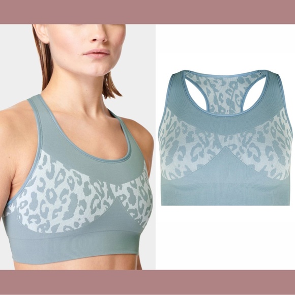 NWT Sweaty Betty‎ [ Medium ] Leopard Jacquard Stamina Sports Bra Vapour Blue - Picture 2 of 11